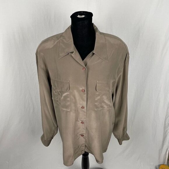 Silk Land Vintage 100% Silk Gray Safari Button Down Shirt - Women’s 12 - Picture 3 of 6